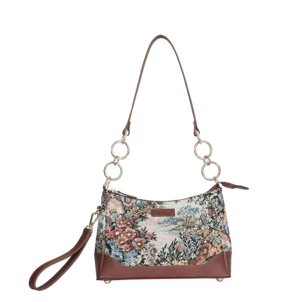 Women’s Botanical Pattern Tapestry Fabric Sling Shoulder Bag, Satchel Purse
